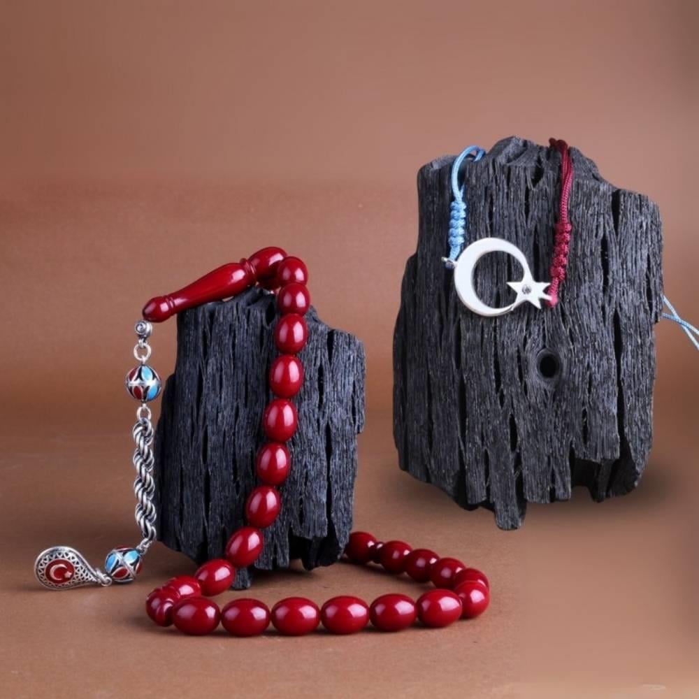 Bordo Mavi Ateş Kehribar Tesbih Ay Yıldız Bileklik KombiniKombin