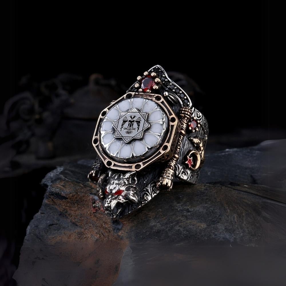 Bozkurt Çift Başlı Kartal Gümüş Zihgir Gümüş YüzükBaşparmak & Zihgir Yüzükleri