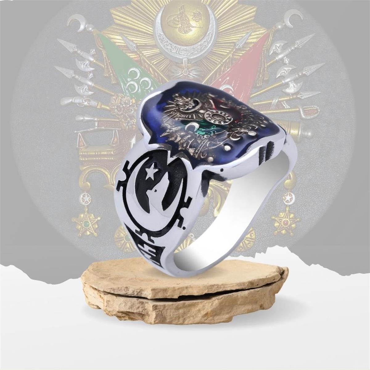 Bozkurt Desenli Osmanlı Devlet Armalı Mineli Gümüş Erkek Yüzük