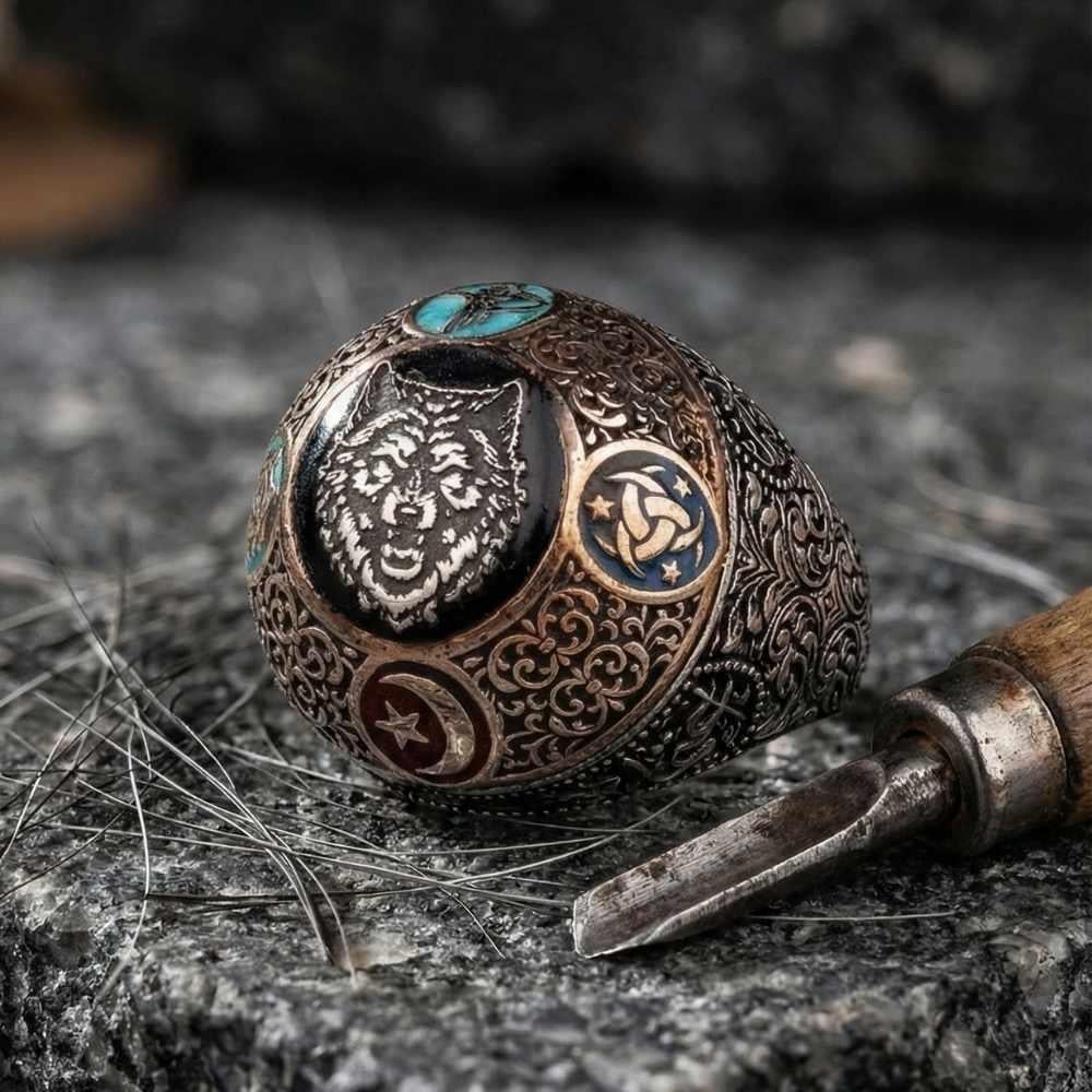Bozkurt Figürlü Osmanlı Kalem İşlemeli Gümüş YüzükBozkurt Yüzükleri