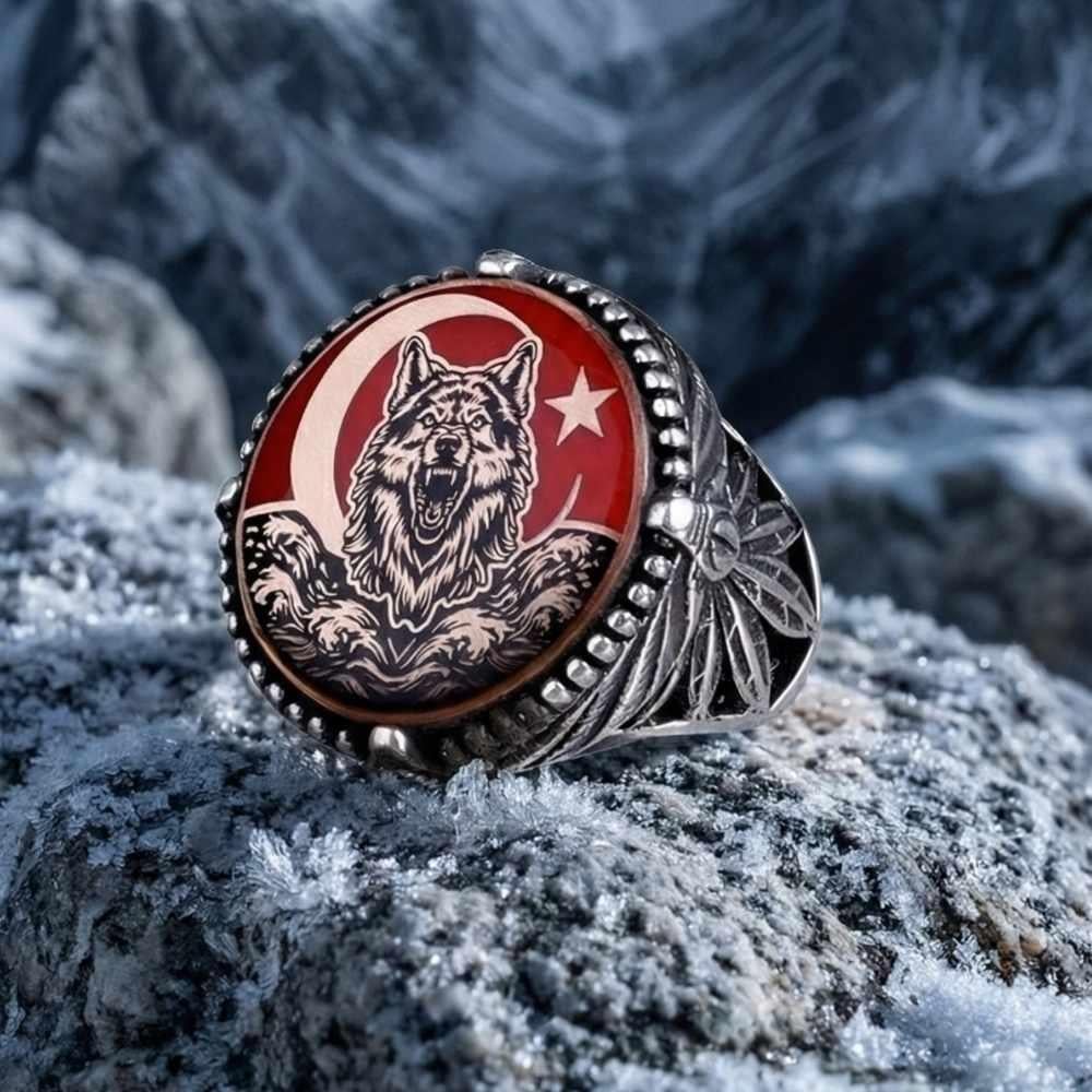 Bozkurt Hücumu Ay Yıldız Gümüş YüzükGrey Wolf Ring