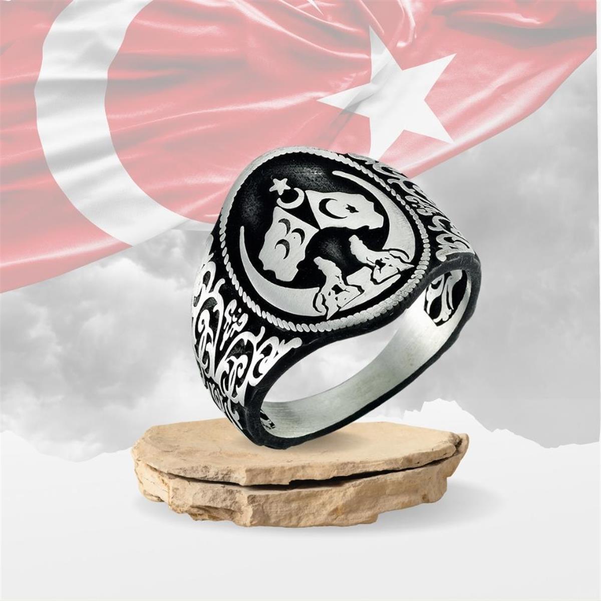 Bozkurt Üç Hilal Bayraklı Gümüş Yüzük