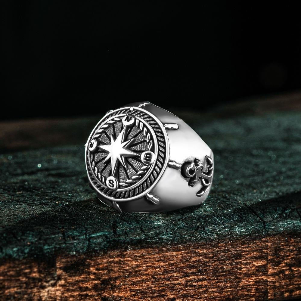 Çapa Kutup Yıldızı İşlemeli Gümüş Yüzük