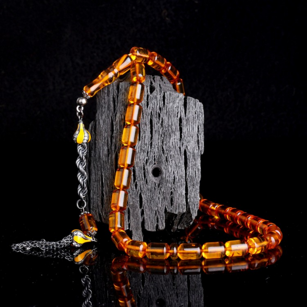 Çay Rengi Kapsül Kesim Gümüş Püsküllü Damla Kehribar Tesbih