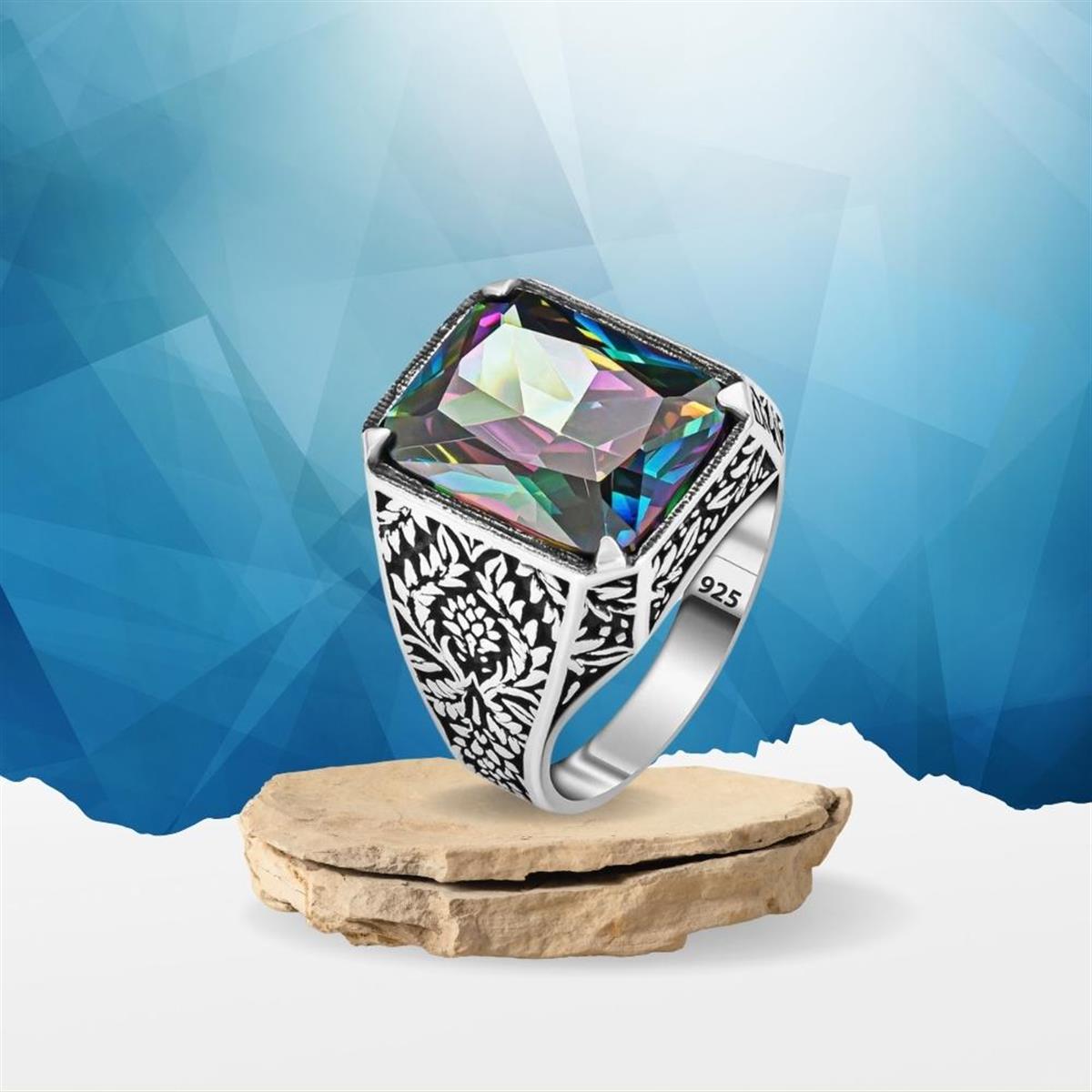 Çiçek Desen Mistik Topaz Taşlı Gümüş Erkek Yüzük