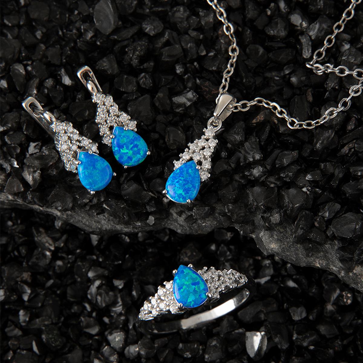 Çiçek Motifli Damla Mavi Opal Taşlı Set