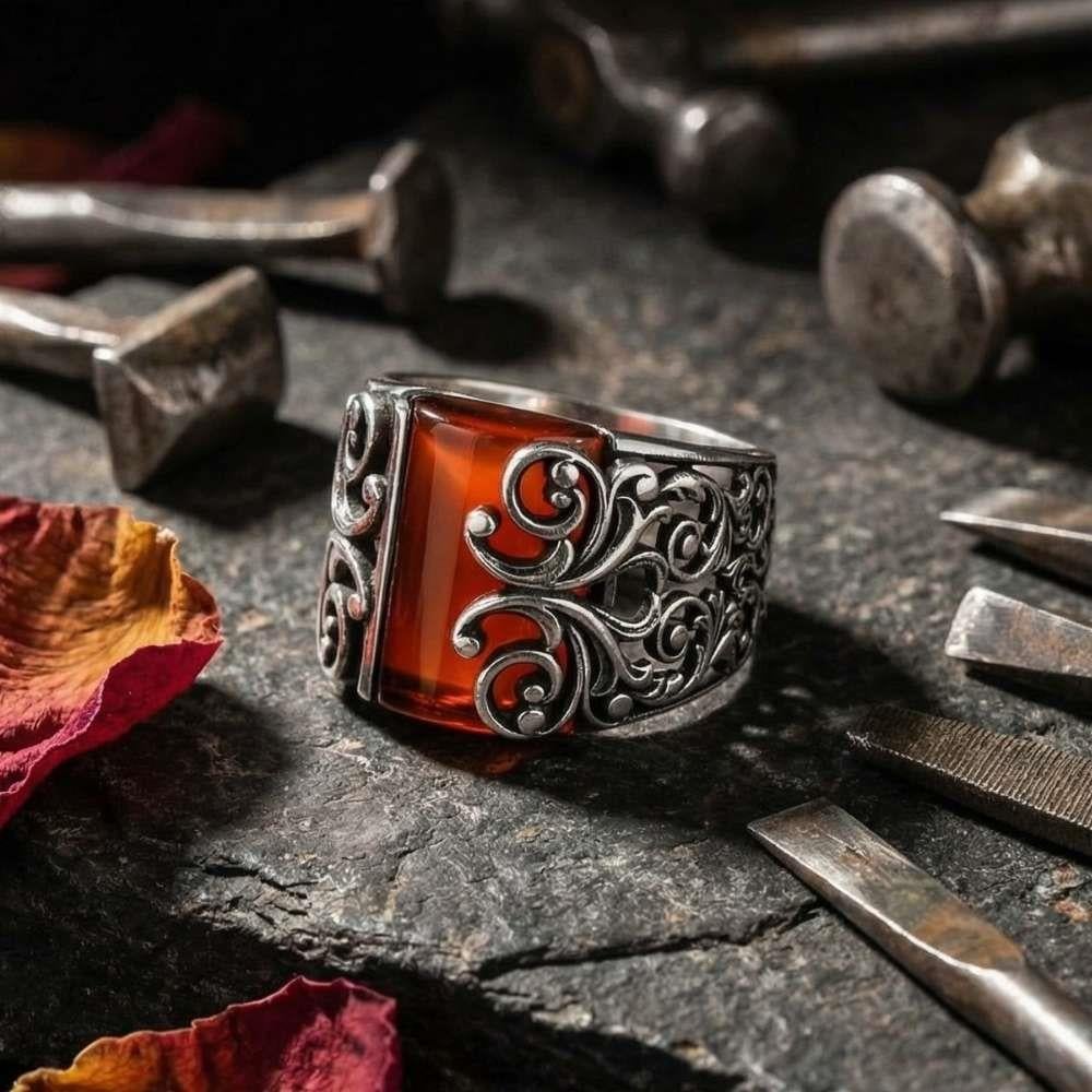 Çiçek Motifli Kırmızı Zirkon Taşlı Gümüş YüzükZirkon Taşlı Yüzükler