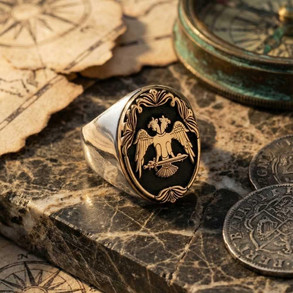 Çift Başlı Kartal İşlemeli Kenarları Düz Gümüş YüzükÇift Başlı Kartal Selçuklu Yüzük