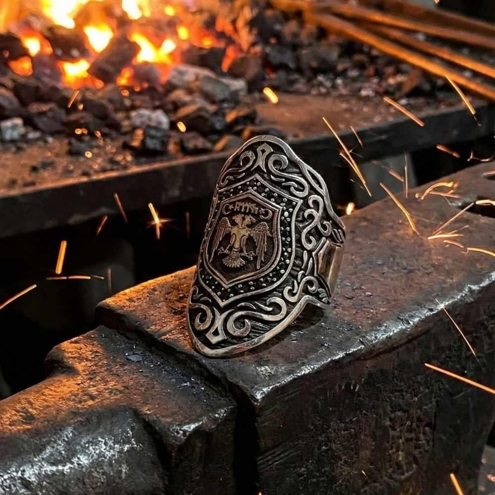 Çift Başlı Kartal Zirkon Taşlı Okçu Gümüş YüzükBaşparmak & Zihgir Yüzükleri