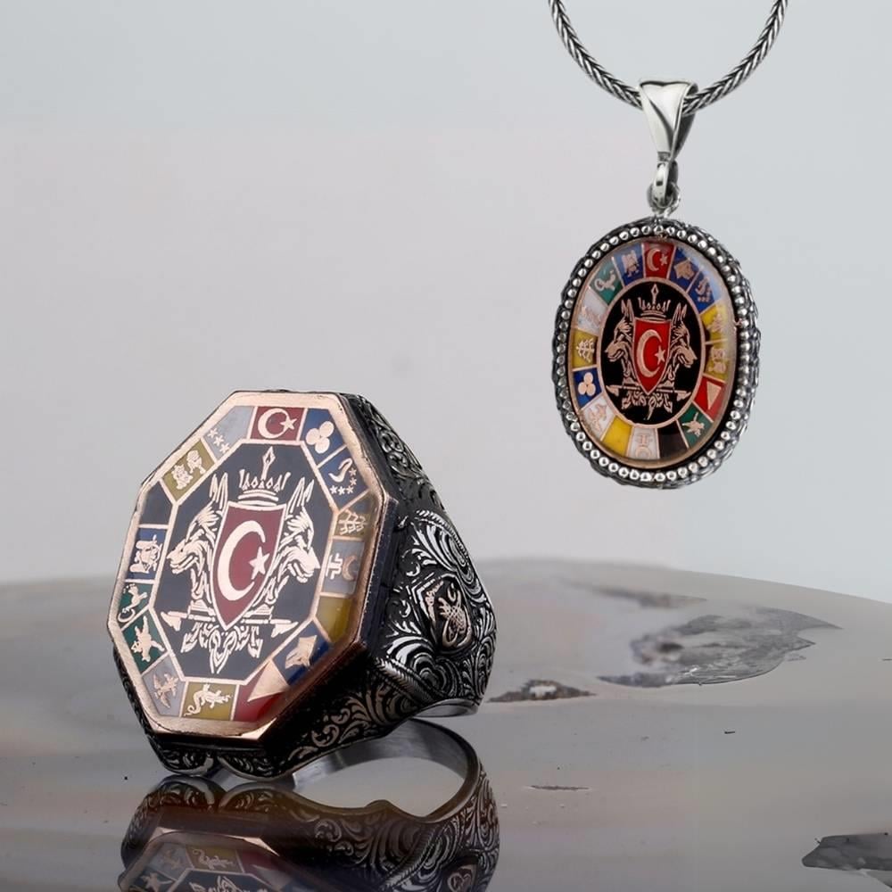 Çift Bozkurt 16 Türk Devleti Gümüş Yüzük & Kolye KombiniSilver Ring and Necklace Combinations