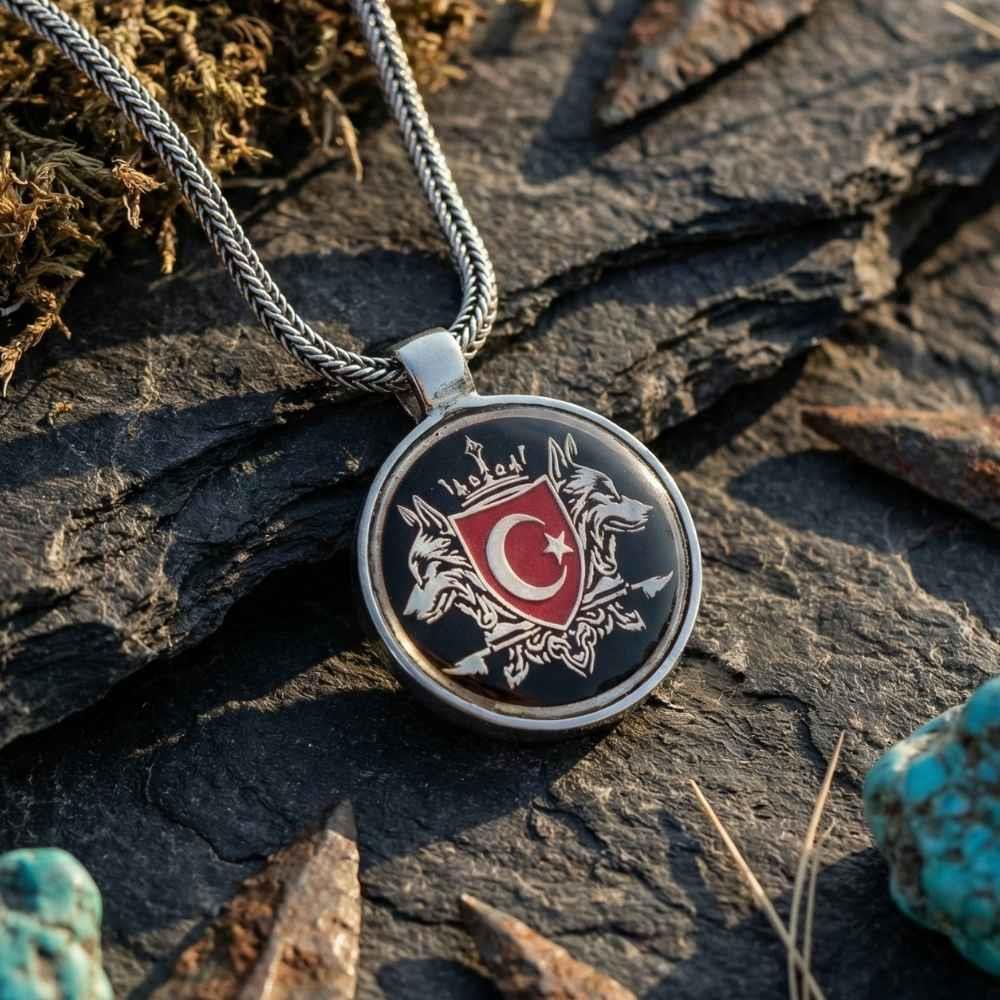 Çift Bozkurt Türk Bayrağı Gümüş KolyeBozkurt Kolye