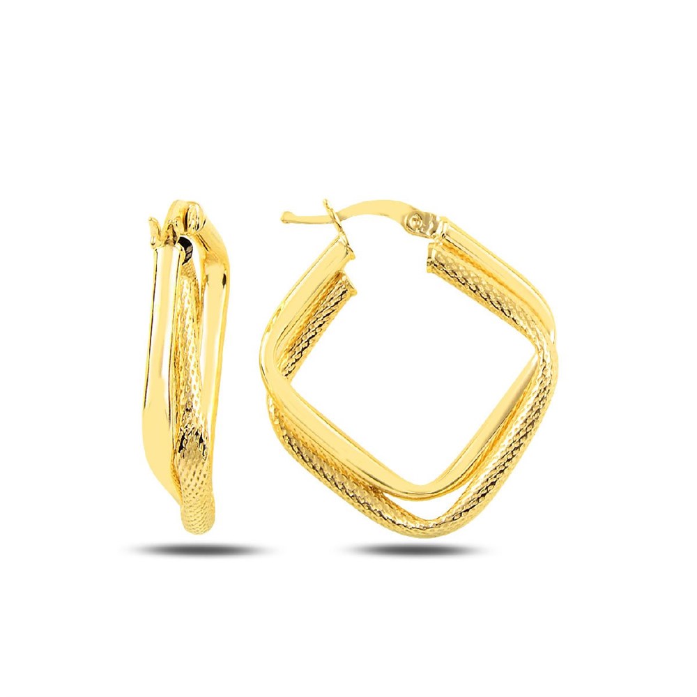 Çift Kare Model Halka Kadın Gümüş Küpe Gold