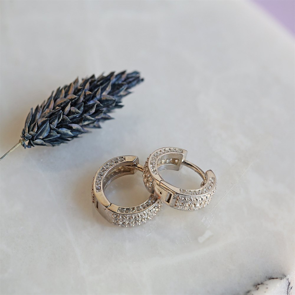 Çift Sıra Taşlı Oval Gümüş Kadın Küpe Silver