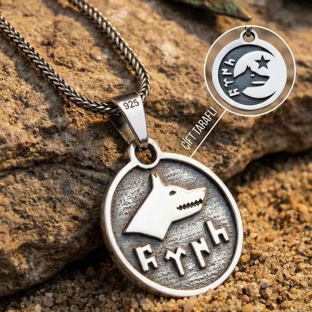 Çift Taraflı Kurt Başlı Göktürkçe Türk Yazılı Gümüş KolyeTürk Kolye