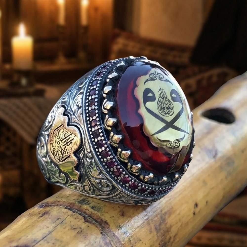 Çift Vav Motifli Kalem İşlemeli Kehribar Taş Gümüş YüzükElif Vav Yüzük