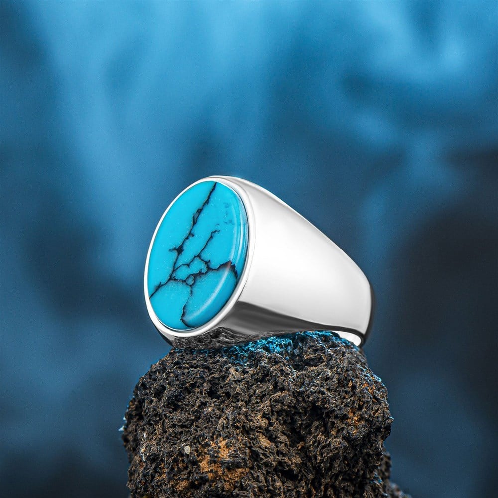 Natural Turquoise Stone Simple Model Silver Ring