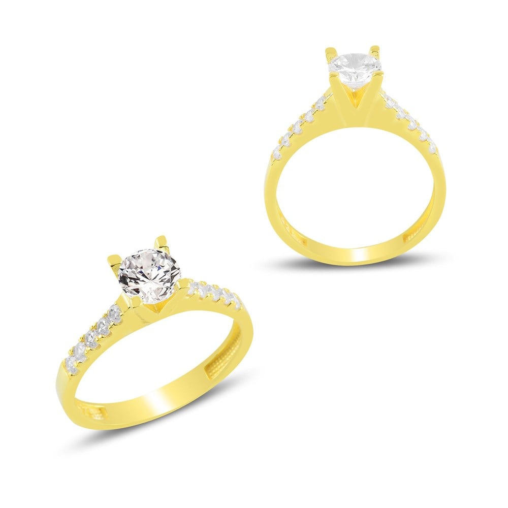 Dört Kollu Klasik Tektaş Gümüş Kadın Yüzük Gold