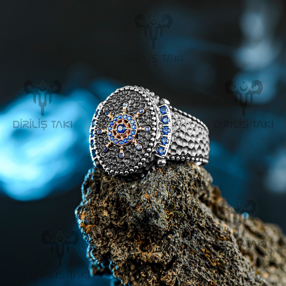 Dümen Motifli Zirkon Taşlı Gümüş Erkek Yüzük