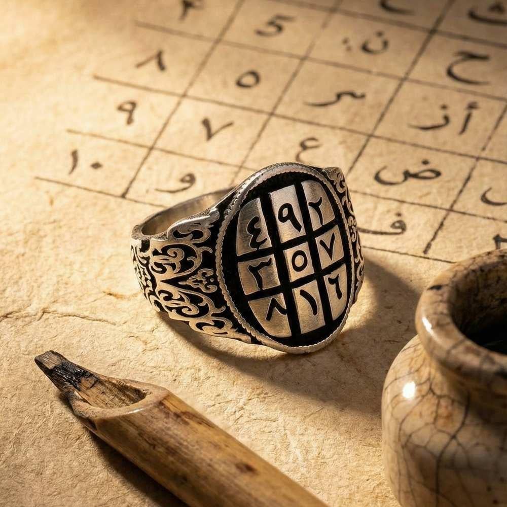 Ebced Hesabı Siyah Zeminli Gümüş YüzükEbced Hesabı Yüzük