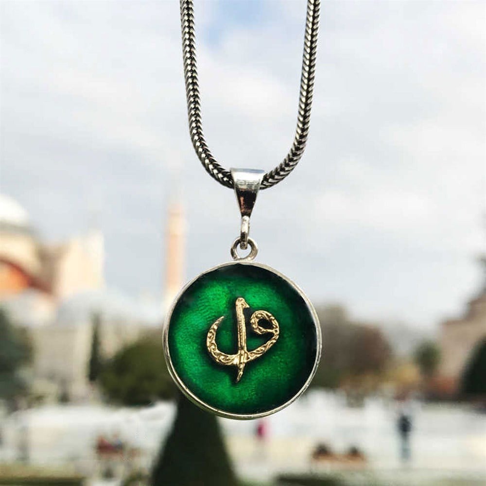 Elif Vav Motifli Mineli Gümüş Kolye