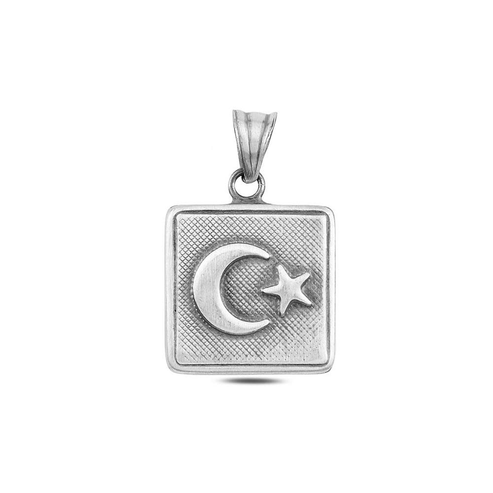 Eskitme Ay Yıldız İşlemeli Kare Gümüş Kolye UcuKolye Ucu
