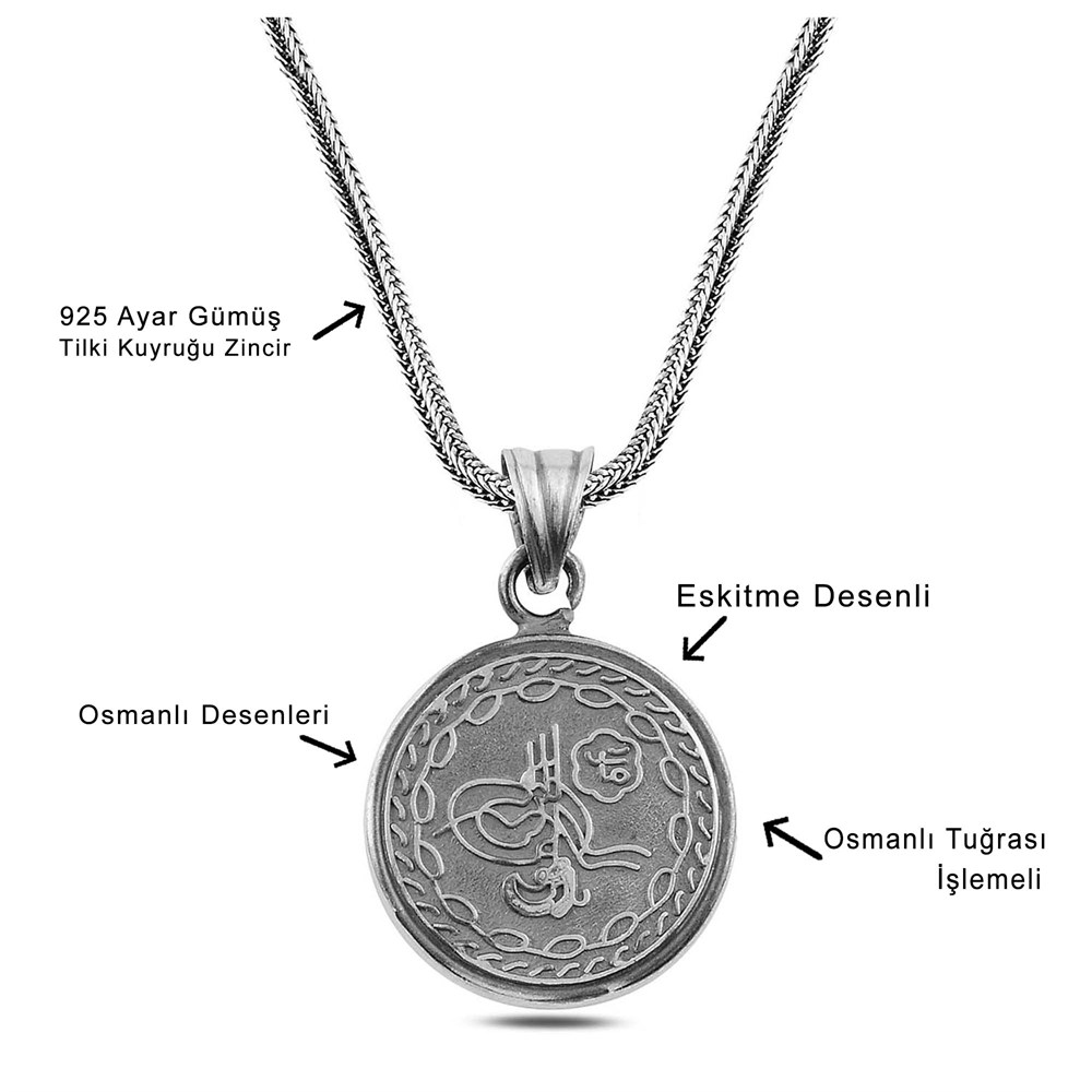 Eskitme Osmanlı Tuğra İşlemeli Gümüş Cevşen Kolye