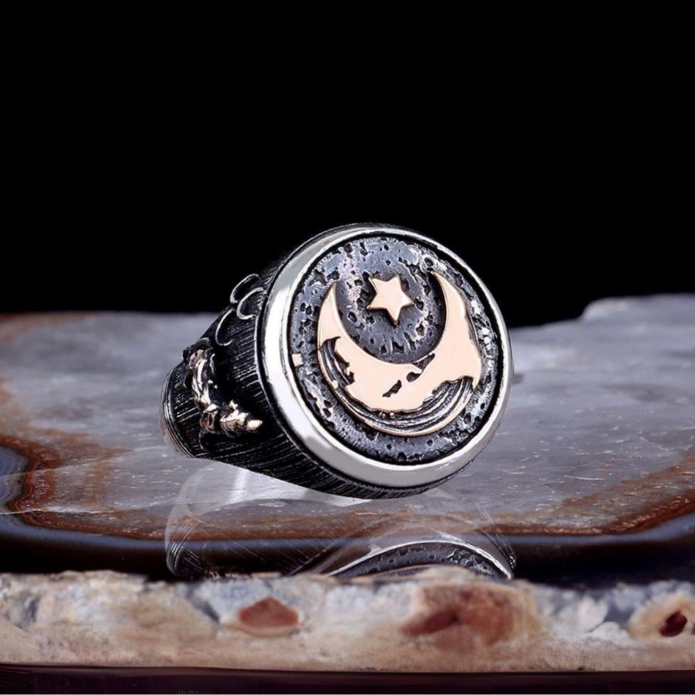 Eskitme Üç Hilal Bozkurt Ay Yıldız Gümüş Yüzük