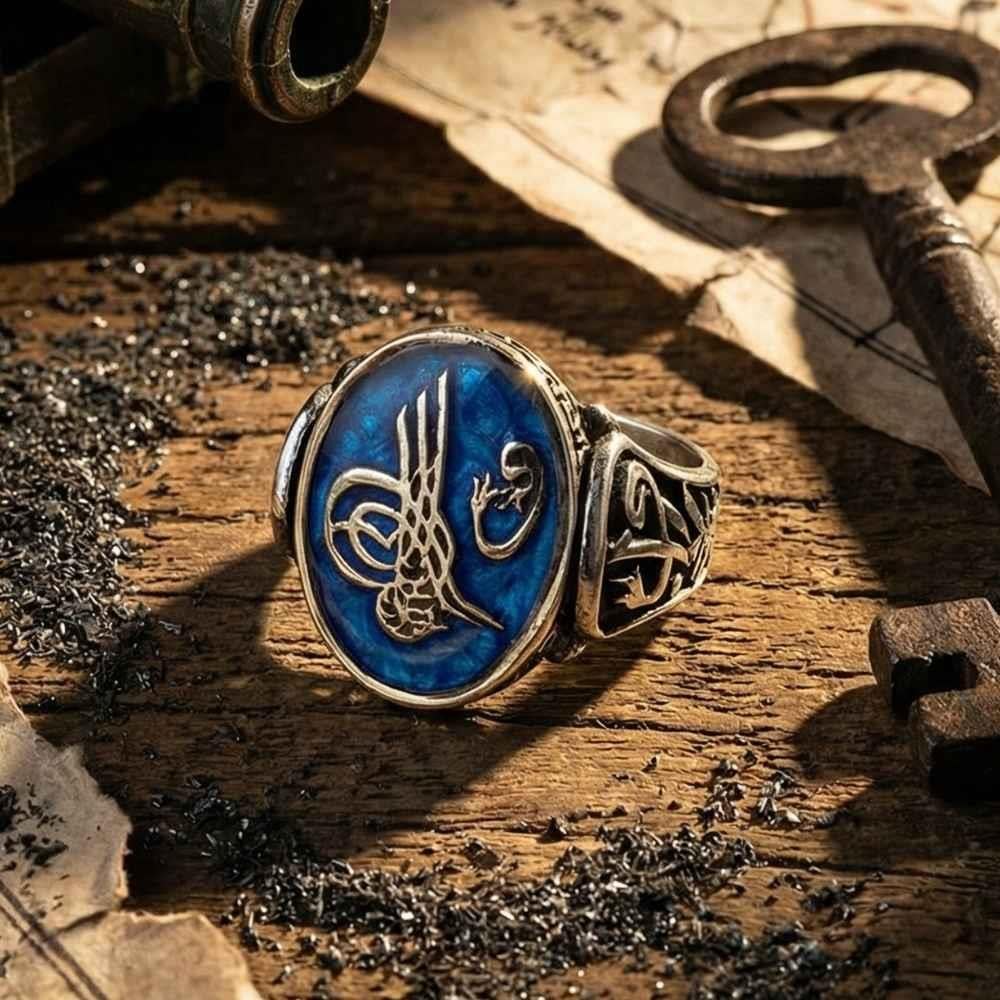 Fatih Sultan Mehmet Gümüş Erkek Yüzük MaviOsmanlı Yüzükleri