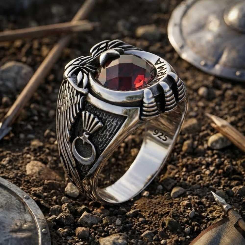 Göktürkçe Türk İşlemeli Jandarma Gümüş YüzükAsker & Polis Yüzükleri