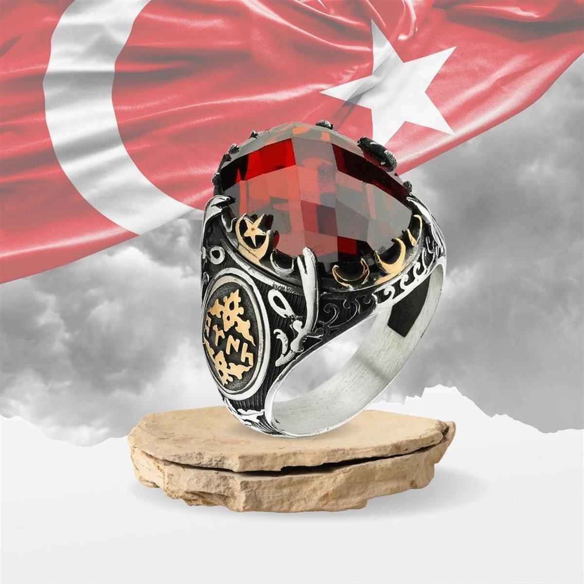 Göktürkçe Türk Motifli Zirkon Gümüş Erkek Yüzük