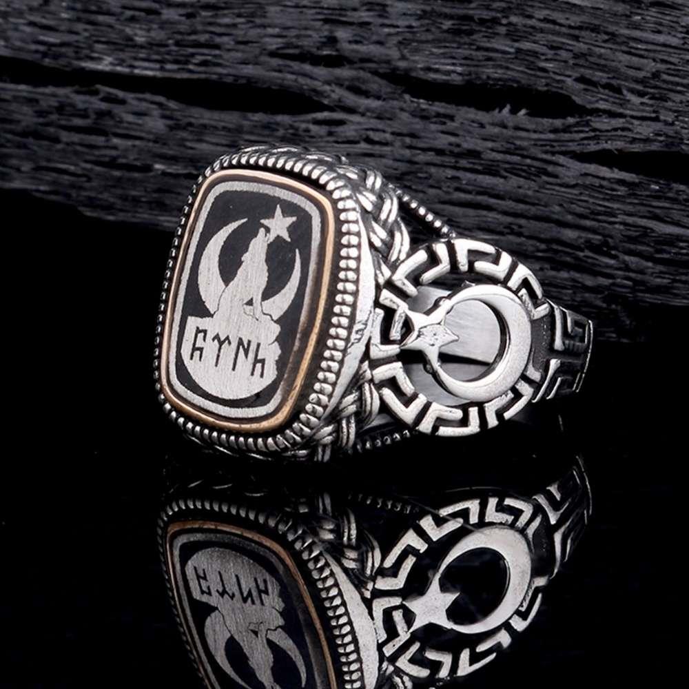 Göktürkçe Türk Yazılı Bozkurt Ay Yıldız Gümüş YüzükBozkurt Yüzükleri