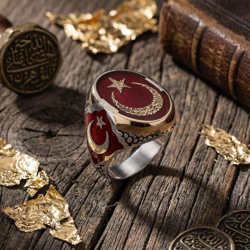 Gold Detaylı Kelime-i Tevhid İşlemeli Ay Yıldız Gümüş YüzükAy Yıldız Yüzükler