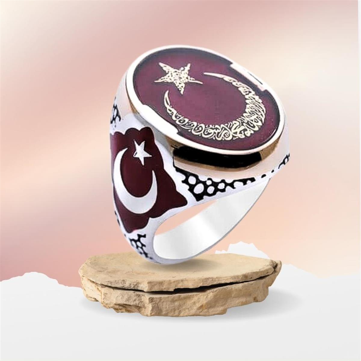 Ay Yıldız İçi Kelimei Tevhid Yazılı Gümüş Erkek Yüzük