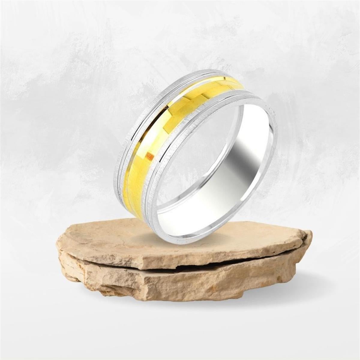 Gold Şerit Detaylı Gümüş Alyans