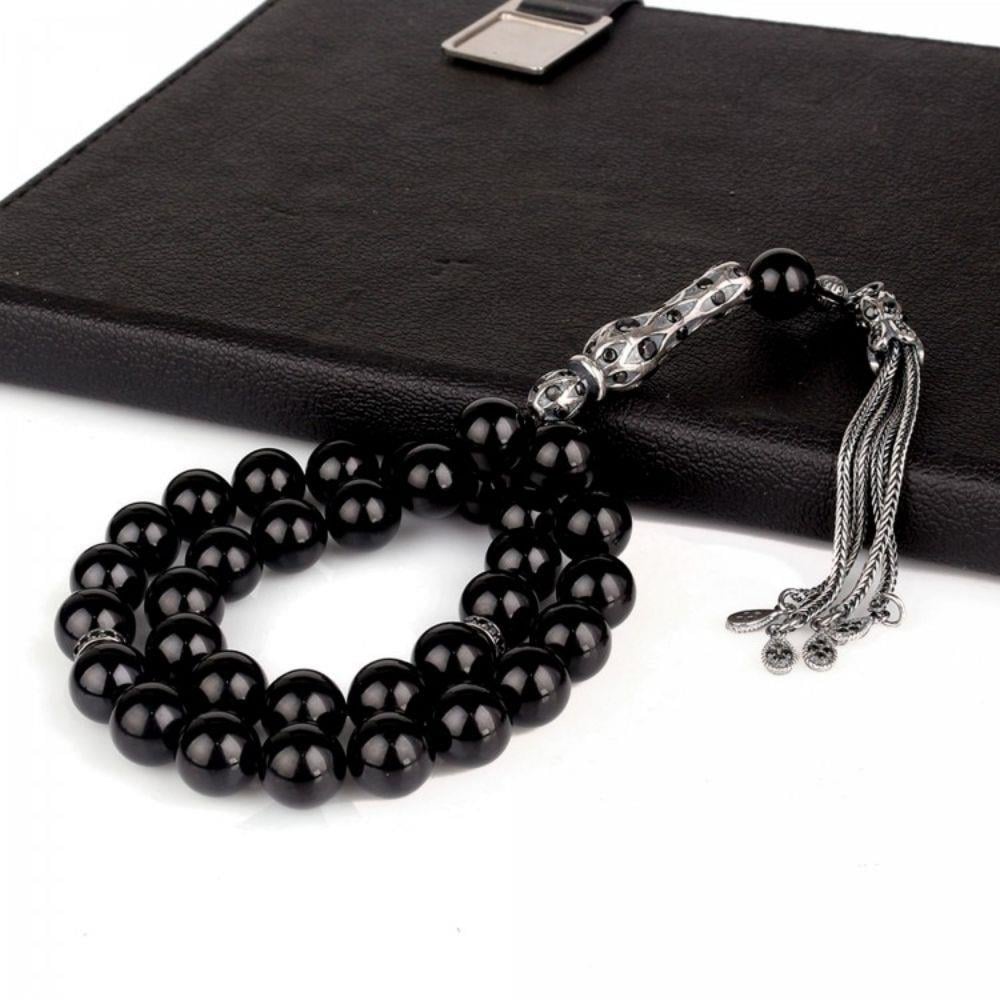 Gümüş Küre Kesim Siyah Zirkon Taşlı Ateş Kehribar Tesbih