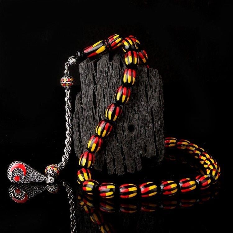 Gümüş Mineli Püsküllü Sarı Kırmızı Renk Ateş Kehribar TesbihAteş Kehribar Tesbih