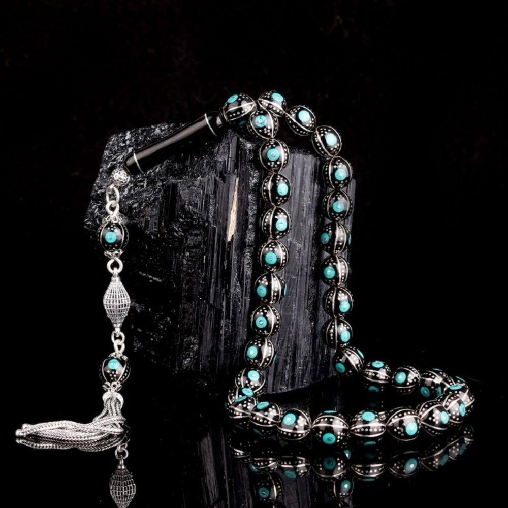 Gümüş Püsküllü Erzurum Oltu Taşı Üzerine Firuze İşleme Tesbih