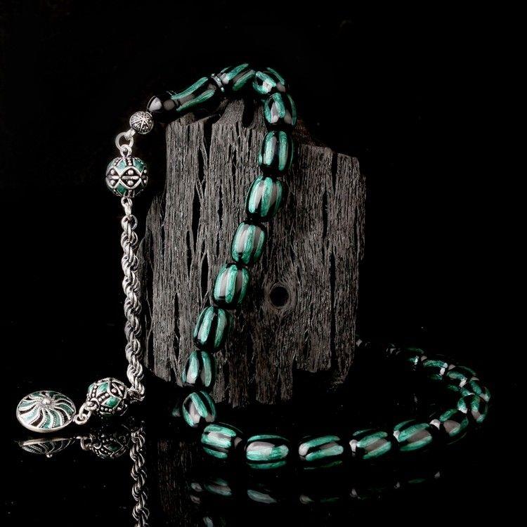 Gümüş Püsküllü Mineli Siyah Yeşil Renk Ateş Kehribar TesbihAteş Kehribar Tesbih