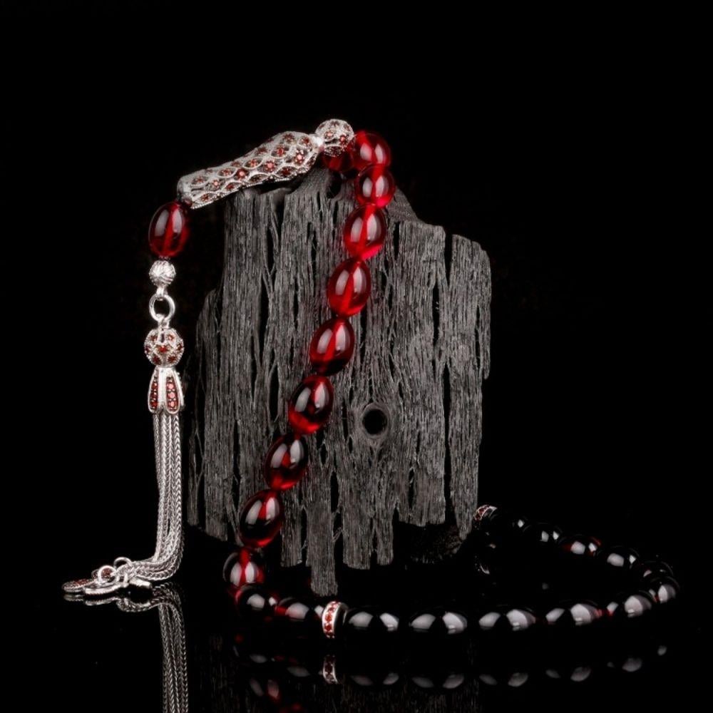 Gümüş Püsküllü Süzme Renk Ateş Kehribar TesbihAteş Kehribar Tesbih