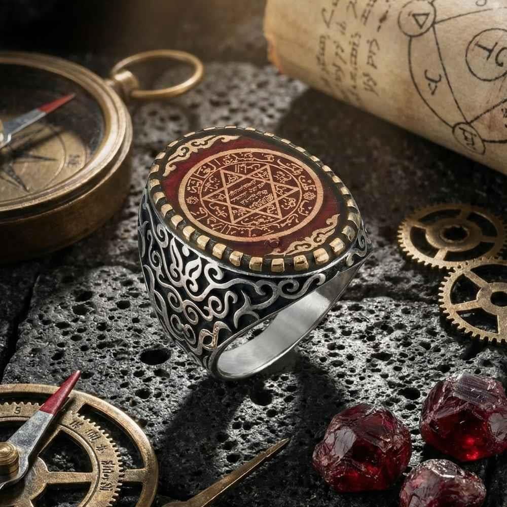 Hz. Süleyman Mührü İşlemeli Gümüş Erkek Yüzük KırmızıSüleyman Mührü Yüzükler