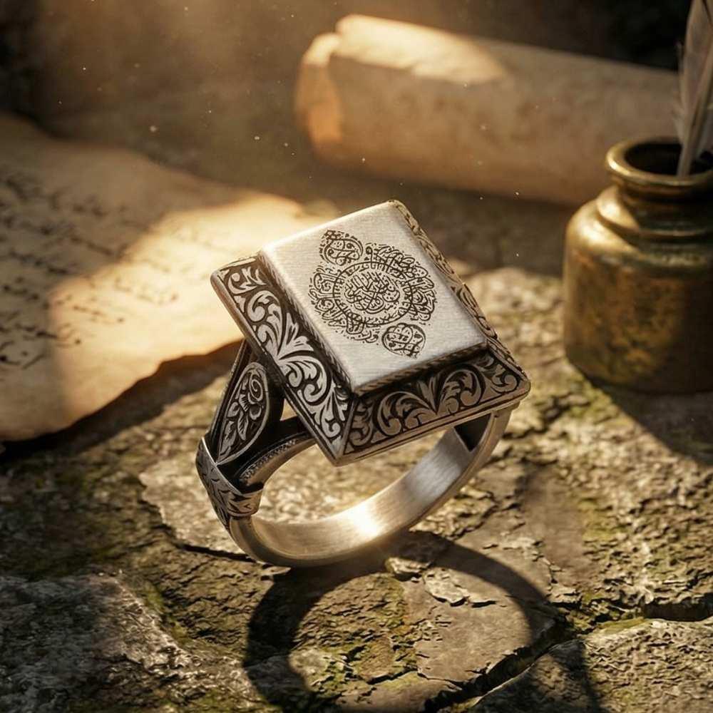 İkra Suresi İşlemeli Kare Gümüş Erkek Yüzükİslami Yüzükler