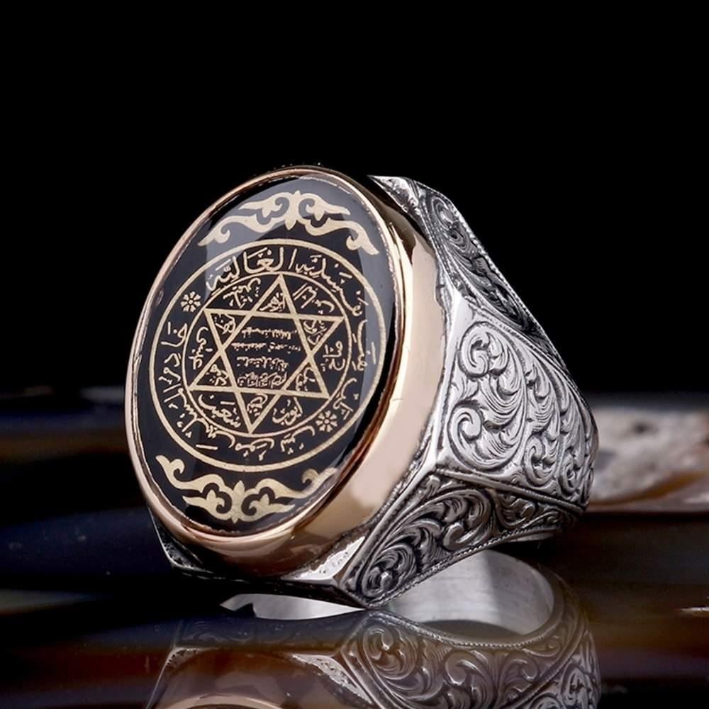 Kalem İşleme Siyah Mineli Mührü Süleyman Gümüş YüzükSeal of Solomon Ring