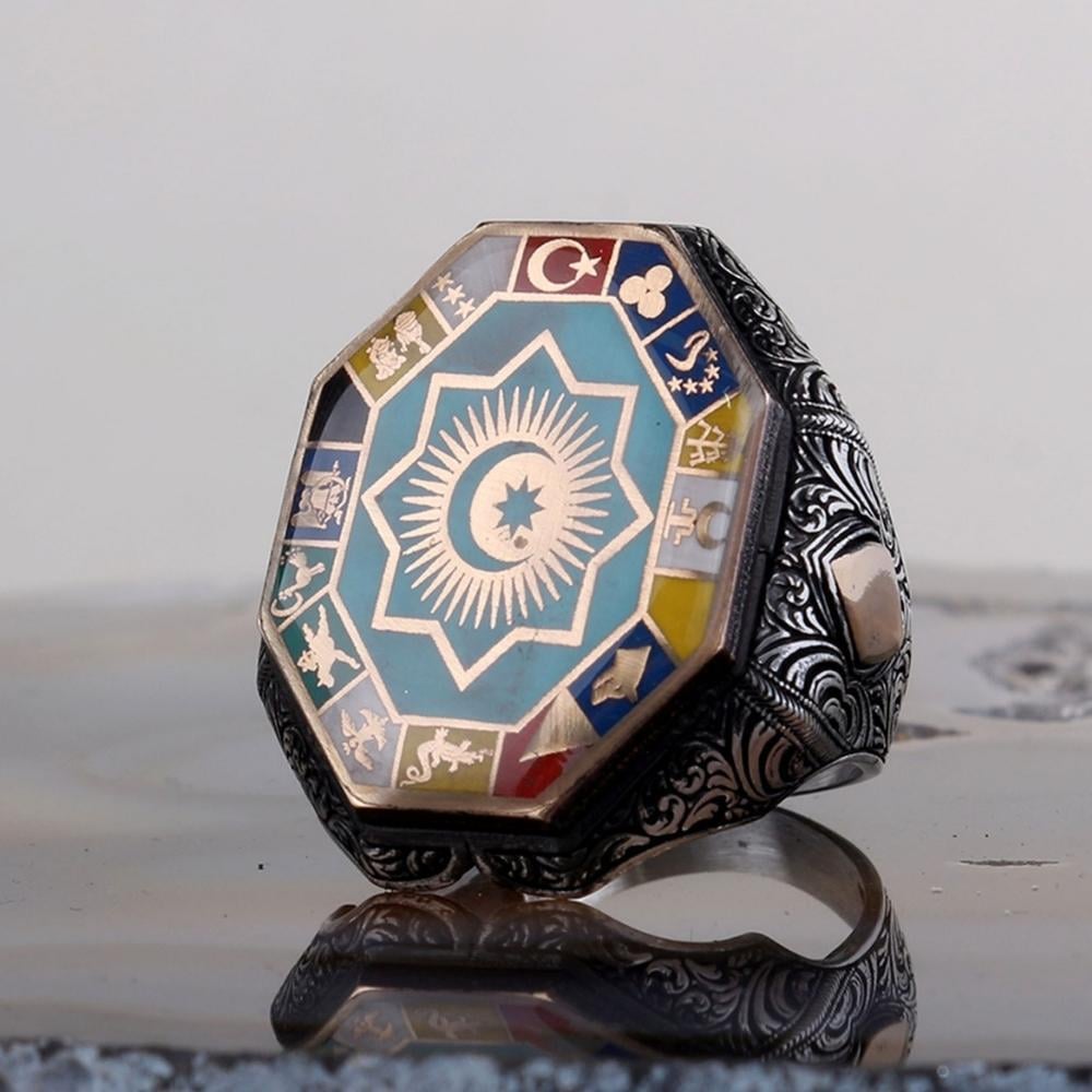 Kalem İşleme Türk Teşkilatı 16 Türk Devleti Gümüş Yüzük16 Türk Devleti Yüzük