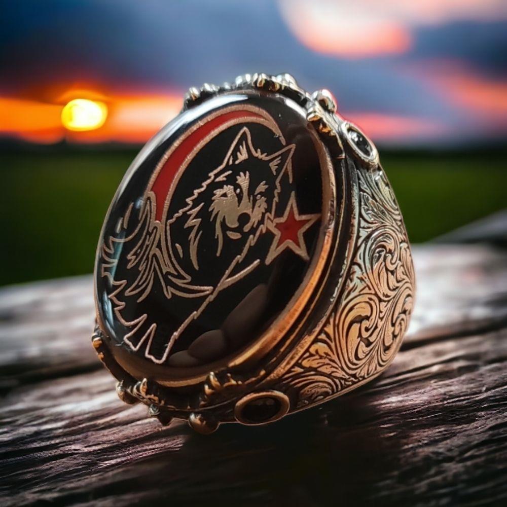 Kalem İşlemeli Bozkurt Ay Yıldız Gümüş Yüzük