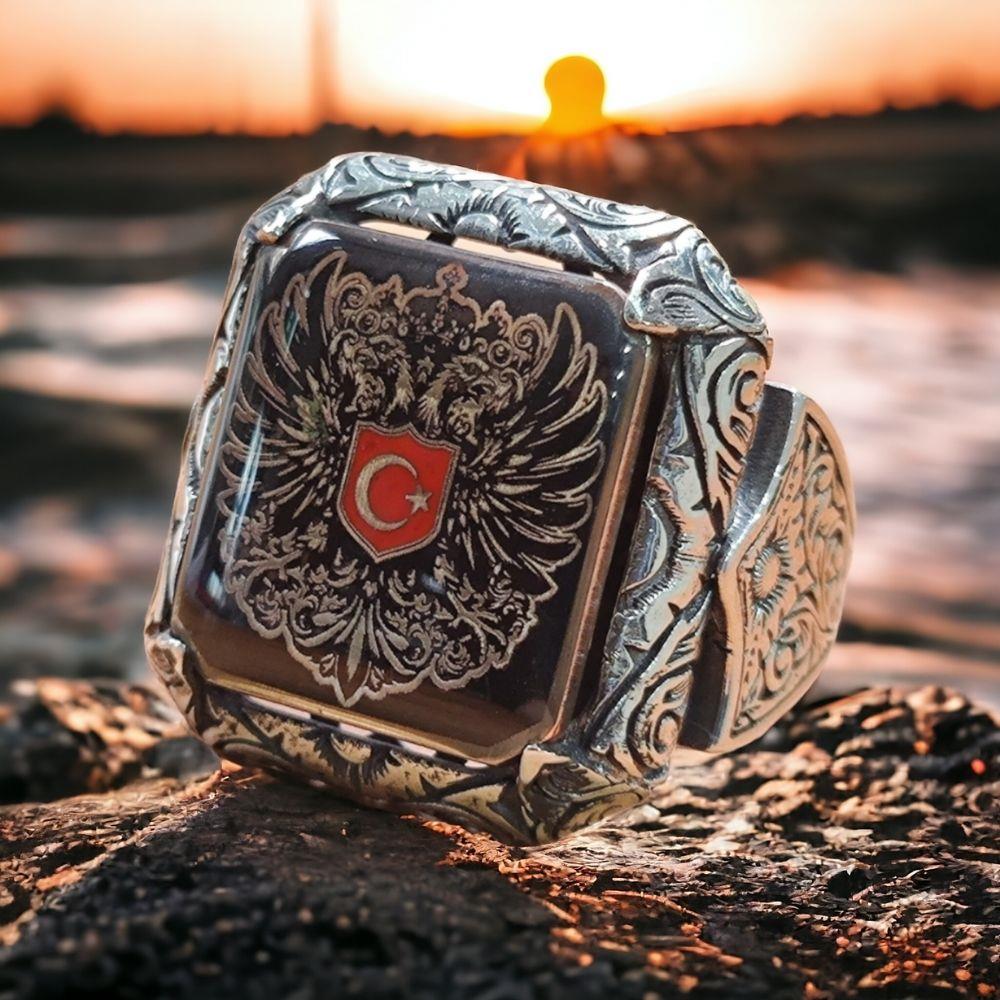 Kalem İşlemeli Çift Başlı Kartal Ay Yıldız Gümüş Yüzük