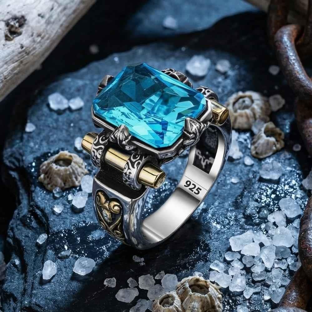 Kalkan Model Aqua Marin Taşlı Gümüş Erkek YüzükTaşlı Yüzükler