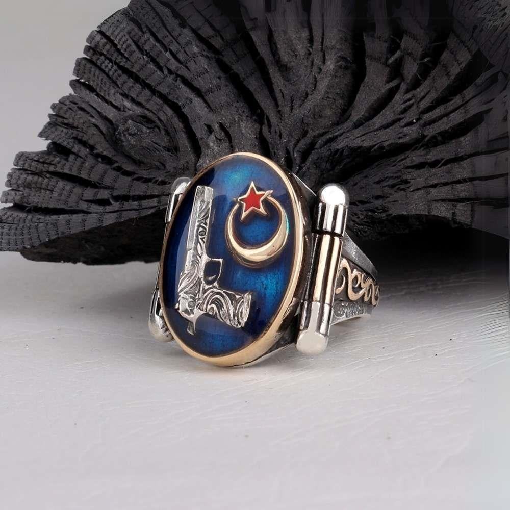 Kalkan Model Lacivert Tabanca Ay Yıldız Gümüş YüzükAy Yıldız Yüzük