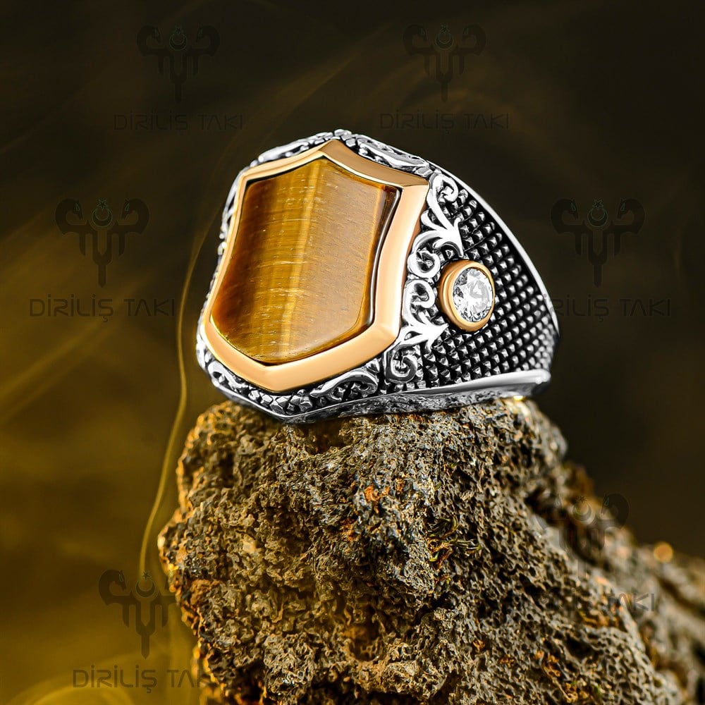 Kaplan Gözü Taşlı Kenarları Zirkon Taşlı Gümüş Erkek Yüzük