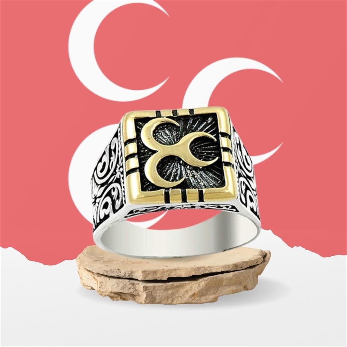 Kare Kesim Üç Hilal Motifli Gümüş Erkek Yüzük