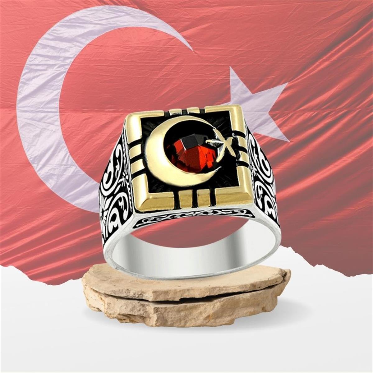 Kare Kesim Zirkon Taşlı Ay Yıldız Motifli Gümüş Erkek Yüzük